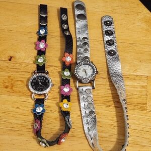 Women's Black Floral Wrap Watch with Rhinestone Accents